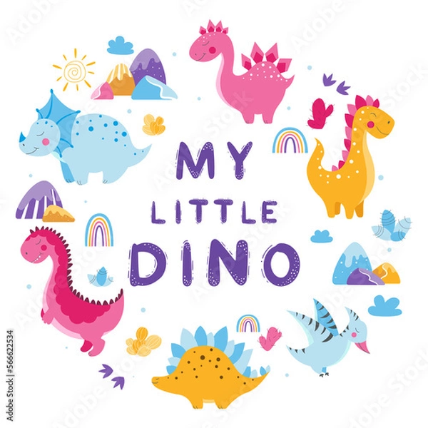 Fototapeta Set of cute dinosaurs, cute vector dinosaur illustrations, set of cartoon dinosaurs on white background, set of cartoon cacti, cute mountains