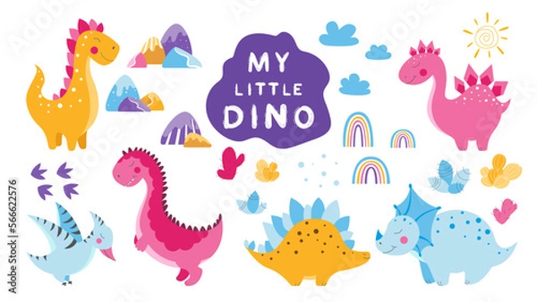 Fototapeta Set of cute dinosaurs, cute vector dinosaur illustrations, set of cartoon dinosaurs on white background, set of cartoon cacti, cute mountains