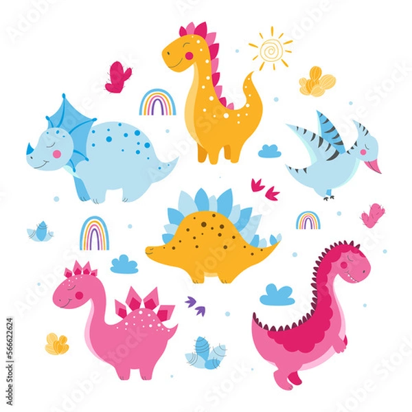 Fototapeta Set of cute dinosaurs, cute vector dinosaur illustrations, set of cartoon dinosaurs on white background, set of cartoon cacti, cute mountains