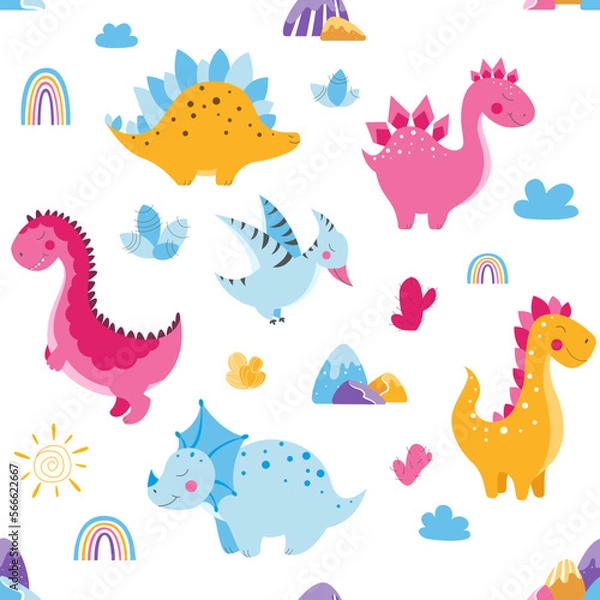 Fototapeta Set of cute dinosaurs, cute vector dinosaur illustrations, set of cartoon dinosaurs on white background, set of cartoon cacti, cute mountains