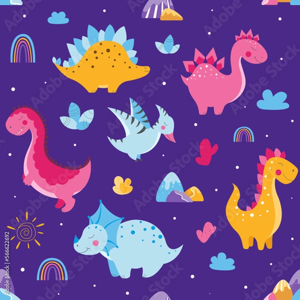 Fototapeta Set of cute dinosaurs, cute vector dinosaur illustrations, set of cartoon dinosaurs on white background, set of cartoon cacti, cute mountains