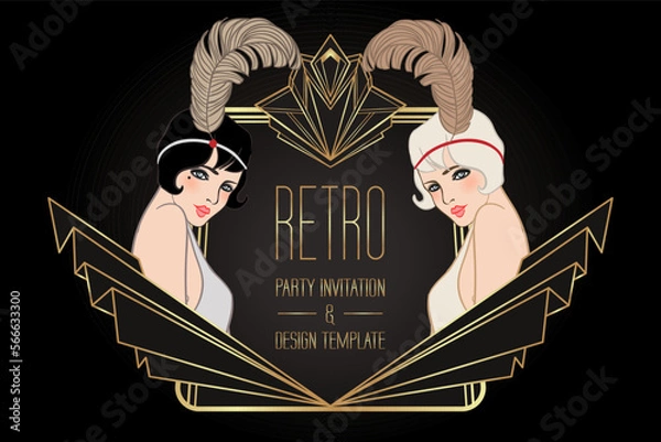 Fototapeta Flapper girl. Art deco 1920s style vintage invitation template design for drink list, bar menu, glamour event, thematic wedding, jazz party flyer. Vector art.