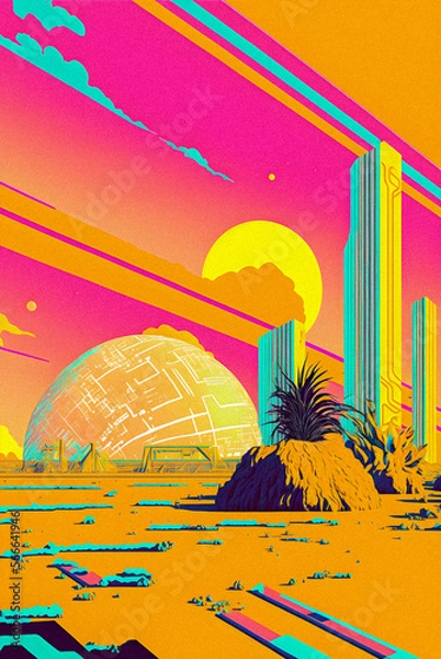 Fototapeta Pop art minimalism retro, futurism art, environmental art, space illustration, granular texture Generative AI	