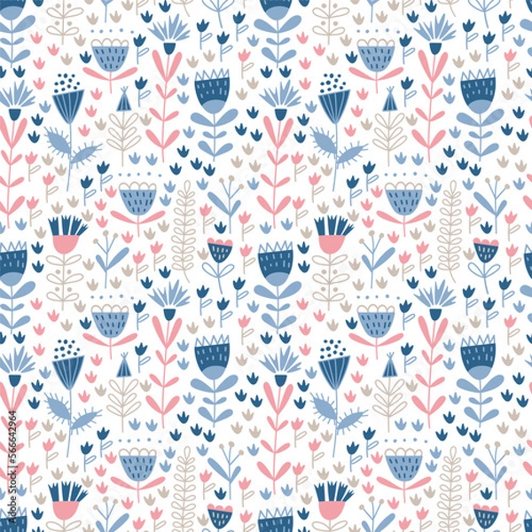 Fototapeta Seamless vector pattern with abstract cute delicate flowers and twigs in pastel colors on a white background. Floral ornament for textiles