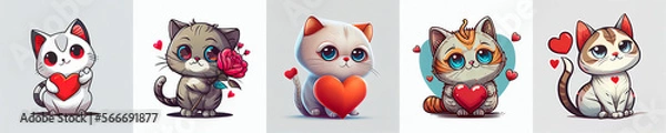 Fototapeta set of valentine day cartoon cute cat, mascot vector, white background. Generative AI