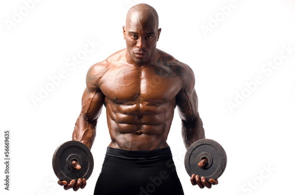 Fototapeta Black bodybuilder posing with round discs