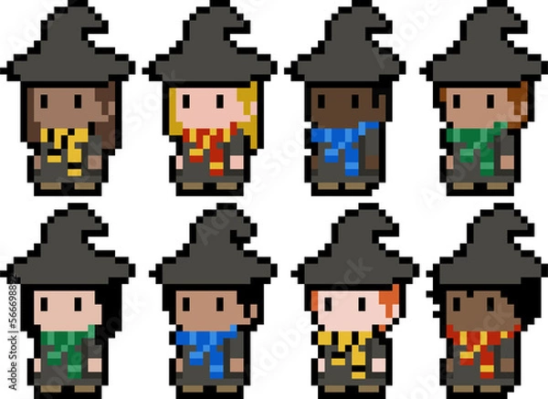 Fototapeta Cute pixel wizards from different houses - isolated 8 bit png