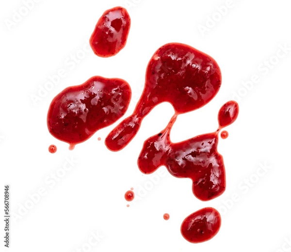 Obraz Drops and stains of liquid red berry jam or sauce isolated on transparent background, top view, PNG