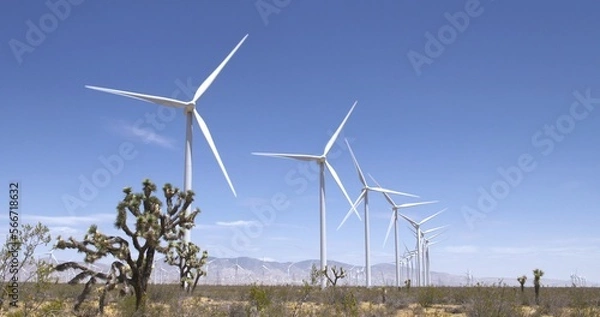 Fototapeta Wide view of turbines operating on scrubby desert land at a wind farm near the Tehachapi Mountains in California.  Blue sky with a few clouds in the distance.