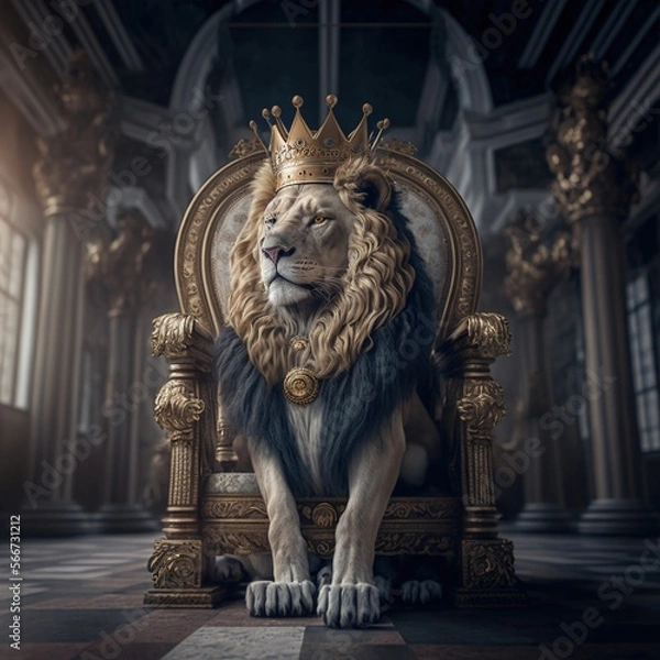 Obraz A lion wearing a crown in the old castle. Generative AI