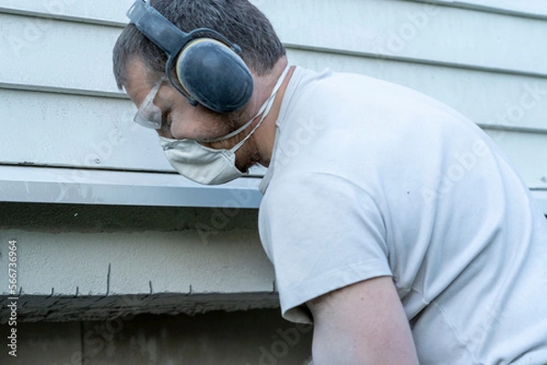 Fototapeta View of a dirty man in protective earcklocks, mask and glasses.