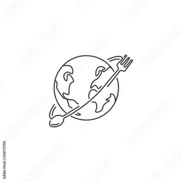 Fototapeta Global Food, globe with spoon and fork. Vector icon logo illustration