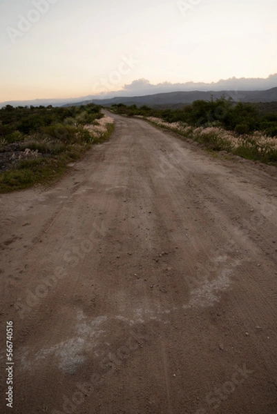 Fototapeta View of the empty dirt road across the hills at sunset.