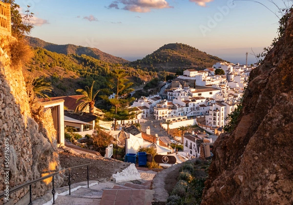 Obraz Panoramic photograph of Frigiliana, Málaga, one of the most beautiful towns in Spain. With its white  walls, its narrow streets and a lot of stairs.