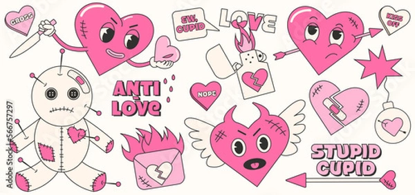 Fototapeta Trendy y2k anti valentines day stickers set. 2000s anti love conception. Cartoon characters. Trendy neon pink