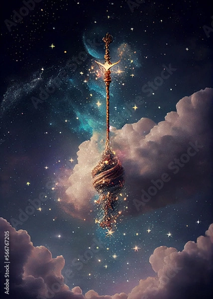 Fototapeta Beautiful magic wand with sparkle on dark background, AI Generated