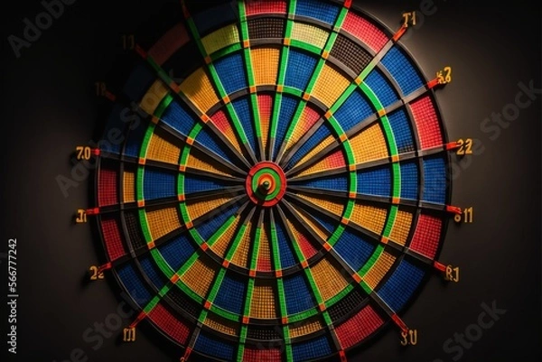 Fototapeta  a close up of a colorful dart board with numbers on the side of the bulls eye and arrows on the side of the bulls eye.  generative ai