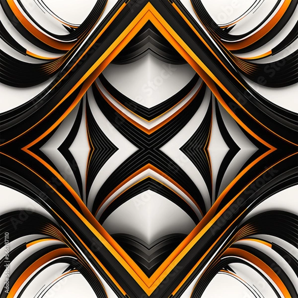 Fototapeta Abstract geometric modern design art pattern with symmetric lines of black and orange tones on white background with shadows