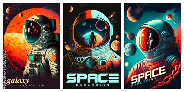 Fototapeta Galaxy and space exploration vector retro posters with glitch effect. AI. Illustrations of astronaut, galaxy, planet, moon, space, poster. 