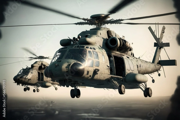 Fototapeta Military helicopters are flying high in the sky. Military aviation. Created with Generative AI technology