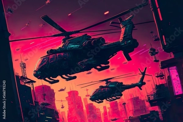 Fototapeta Helicopters fly over the city. Cyberpunk style illustration. Created with Generative AI technology