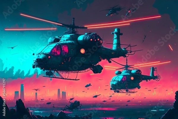 Fototapeta Many helicopters fly over the night city. Cyberpunk style. Designer illustration. Art. Created with Generative AI technology