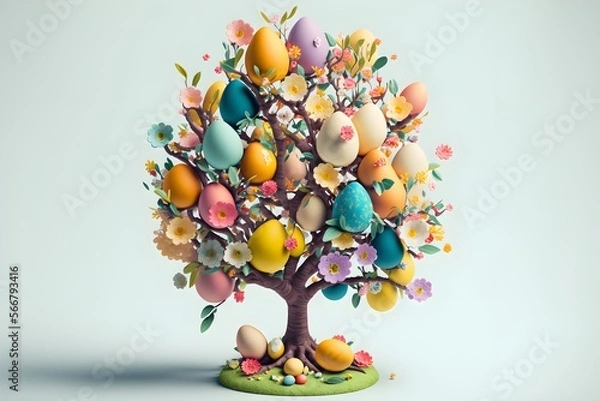 Obraz Easter tree decorated with eggs and flowers, Generative AI
