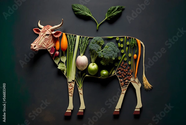 Fototapeta Plant-based meat created cow made of plants on dark background made with Generative AI technology