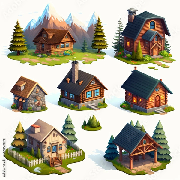 Fototapeta wood mountain cabin set of videogame sprite assets isolated on a white background Generative Ai