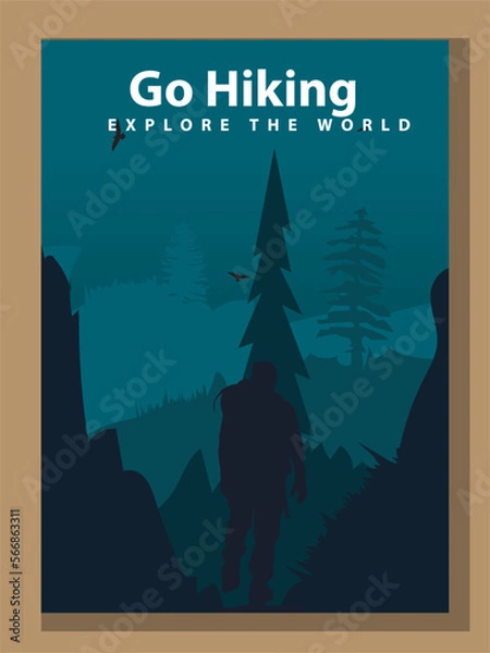 Fototapeta Vector brochure cards set. Travel concept of discovering, exploring and observing nature. Hiking. Adventure tourism. Flat design template of flyer, magazine, book cover, banner, invitation, poster.