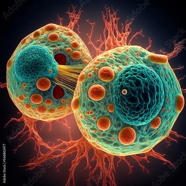 Fototapeta Immune cells fighting with cancer cells, bright colors,  visual representation of the battle between healthy and cancerous cells, body's defense system in action, intricate structure, bold colors