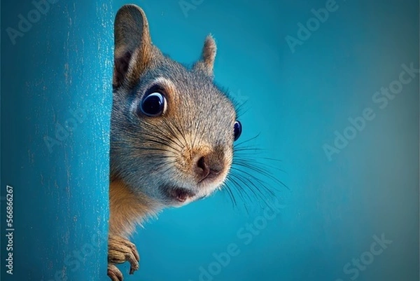 Fototapeta Zaskoczona wiewiórka, Sciurus, ostrożnie zagląda za rogiem, na niebieskim tle, stworzonym z generatywnej technologii AI. Kopiuj miejsce.