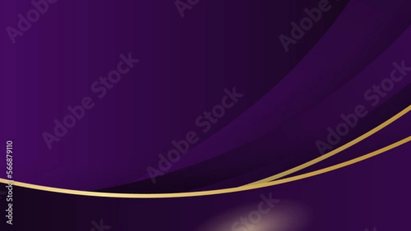 Fototapeta Abstract purple metal background with golden light lines curved wavy with copy space for text. Luxury style template design.