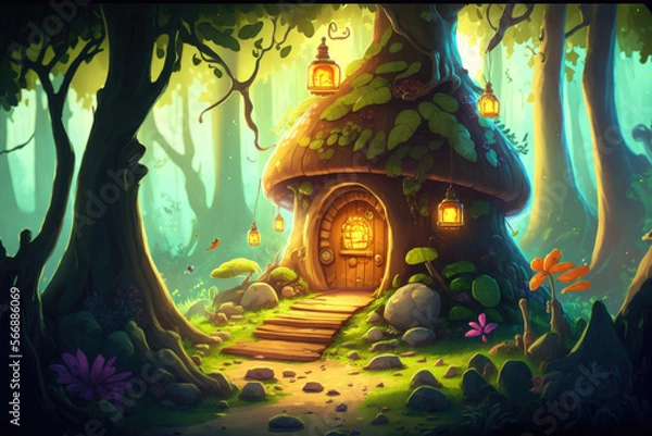 Fototapeta Video game's digital CG art, concept illustration, realistic cartoon style background Forest Treasure. Generative AI