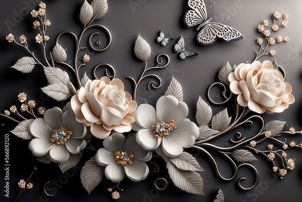 Obraz Jewelry flowers with silver branches. Generative AI