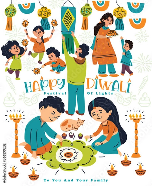 Obraz Happy Diwali Festival and Family Celebrating Diwali Vector