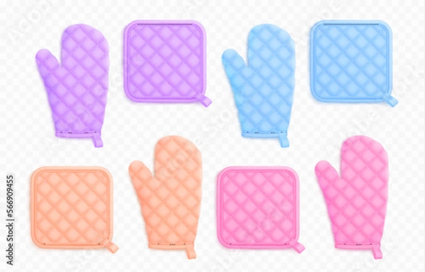 Fototapeta Kitchen mittens and potholders, fabric holders for cooking. Template of textile oven mitts and gloves in pastel colors, vector realistic illustration