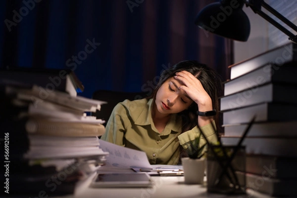 Fototapeta Portrait of Asian Businesswoman sitting and working hard at with front of computer and lots of documents on the table in workplace at late with serious action, Work hard and too late concept