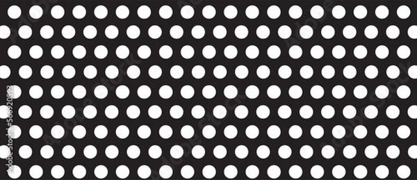 Fototapeta White polka dot pattern on black background. Straight dot pattern for backdrop and wallpaper template. Simple classic polka dot lines with repeat stripes texture. Polka background, vector illustration