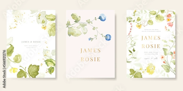 Fototapeta Spring and Summer Flower watercolor Wedding Invitation set, floral invite thank you, rsvp modern card Design  leaf greenery branches with blue background decorative Vector elegant rustic template