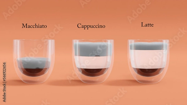 Fototapeta 3D illustration of coffee types including macchiato, cappuccino, and latte with different mixing ingredient of ratios of expresso, milk, and milk foam in transparented double wall glass. Episode 2.