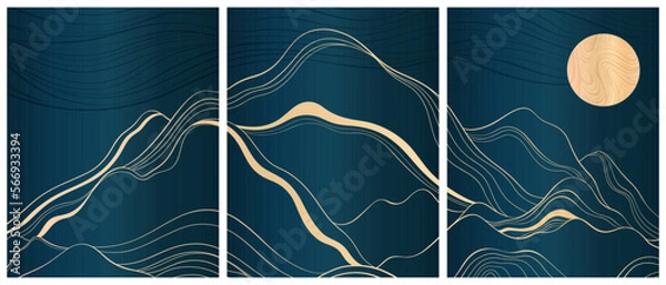 Obraz A minimalistic cards with mountains and an art deco style. Smooth gold lines on a dark blue background.