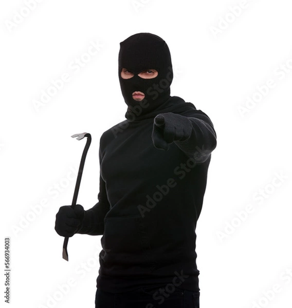 Fototapeta Thief in mask with crowbar on white background