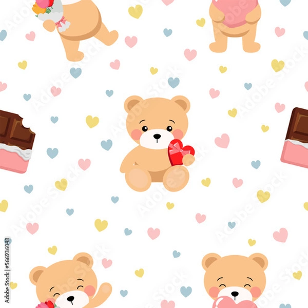 Fototapeta Cute valentine bear seamless pattern. vector cartoon design