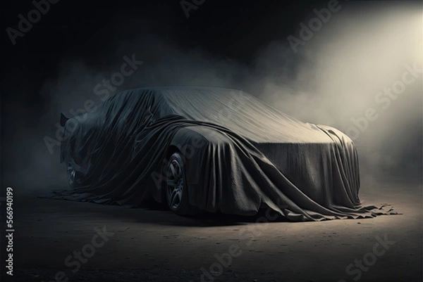 Fototapeta car covered in cloth on smoky background, generative ai composite