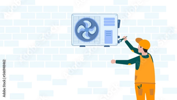 Obraz Professional worker of ventilation repair service in blue uniform stand on ladder fix or install air-conditioner on wall in office, house, appertment. Vector illustration. Vector illustration