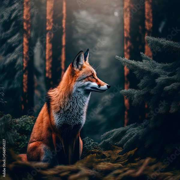 Obraz A fox in the middle of a dense forest. Generative AI