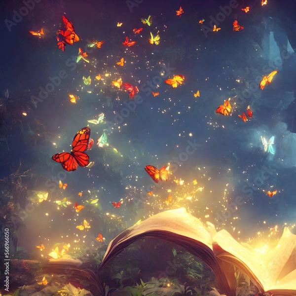 Fototapeta Magic  book with magical particles flying above upwards. Generative AI