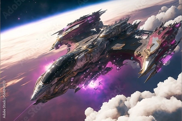 Fototapeta Sci-fi scene of space ships in battle, purples, and greens visible in the gas clouds. Generative AI