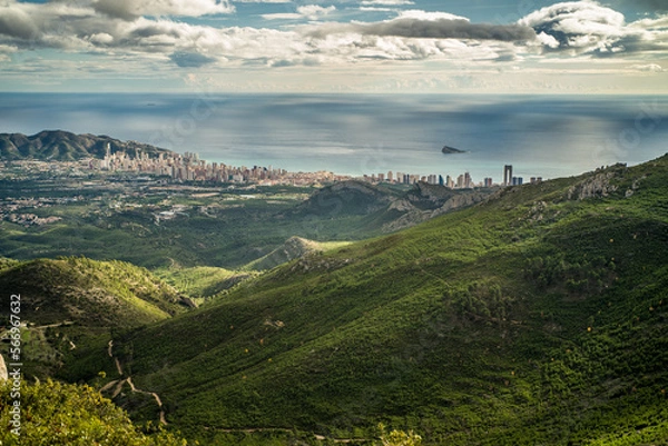 Fototapeta view from Mount Bernia on the trees and valley and apartment buildings of the city of Benidorm and Serra Gelada